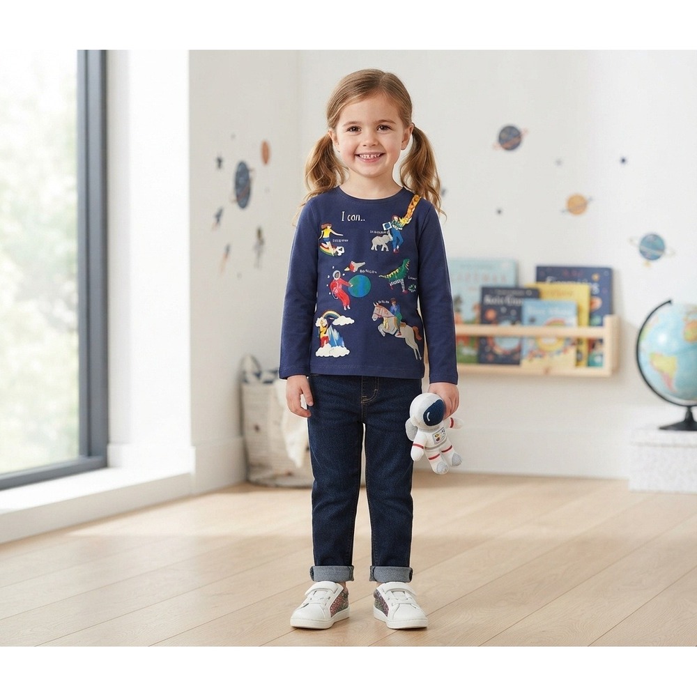 Mini Boden Graphic Tee Kids Size 5-6Y Navy Excellent I Can Long Sleeve Shirt